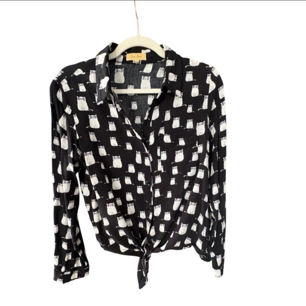 Love Notes Shirt Cat Print Rayon Tie Front Whimsical Blouse Black Large - Picture 2 of 5